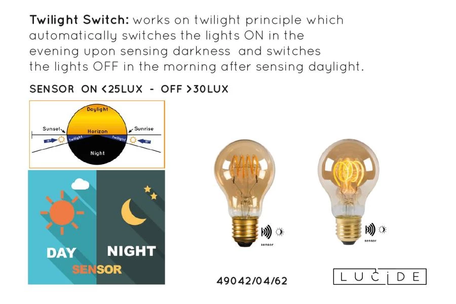 Lucide A60 TWILIGHT SENSOR - Ampoule filament Extérieur - Ø 6 cm - LED - E27 - 1x4W 2200K - Ambre - détail 9